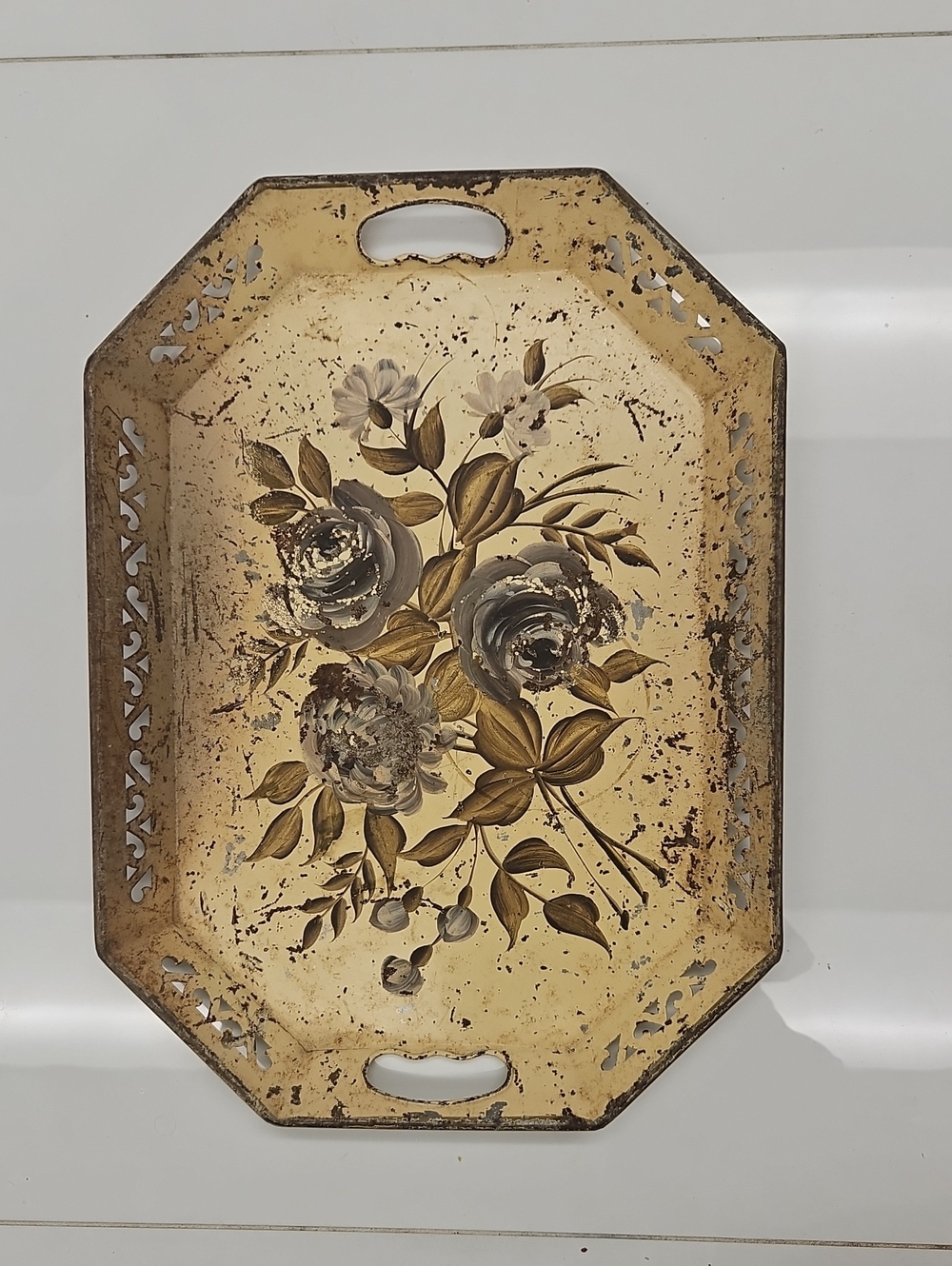 Cream Floral Toleware Serving Tray with Vintage Painted Design